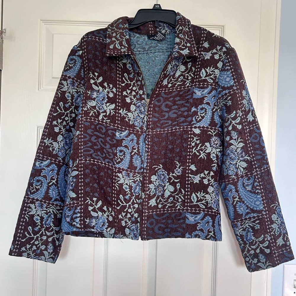 Vintage Portrait Women's Patterned Collared Jacket - Blue & Black